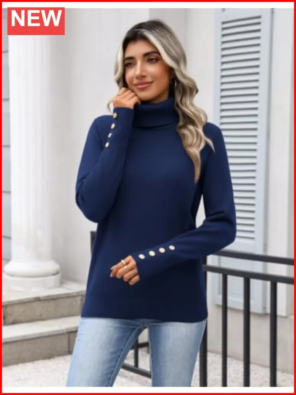 Womens Turtleneck Sweater Long Sleeve Button Cuff Knit Pullover Fall Winter Top